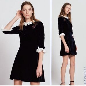 Sandro Kate Vvet Mini Dress Collared Beaded Hummingbird Navy White Retro size S